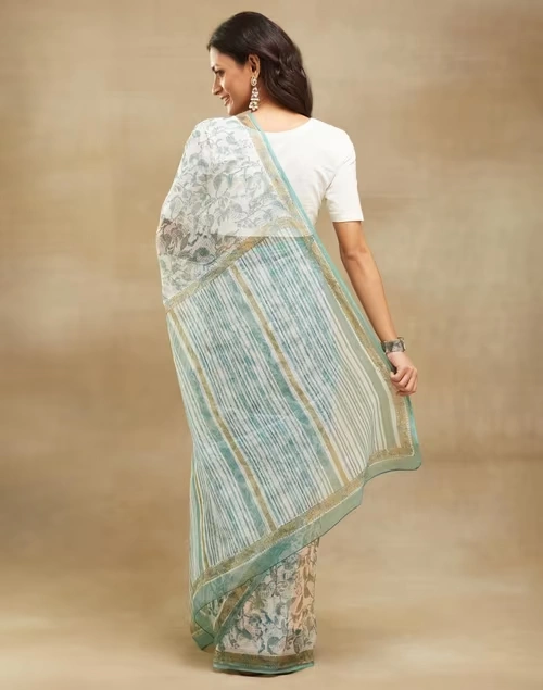 Light Blue Cotton Silk Hand Block Printed Sari 4 Light Blue Cotton Silk Hand Block Printed Sari