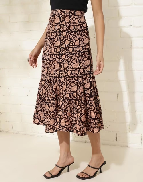 Black Cotton Bagru Printed Bloom Skirt