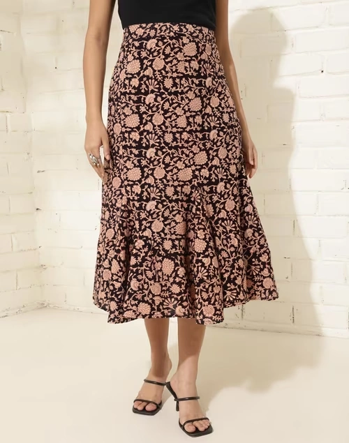 Black Cotton Bagru Printed Bloom Skirt