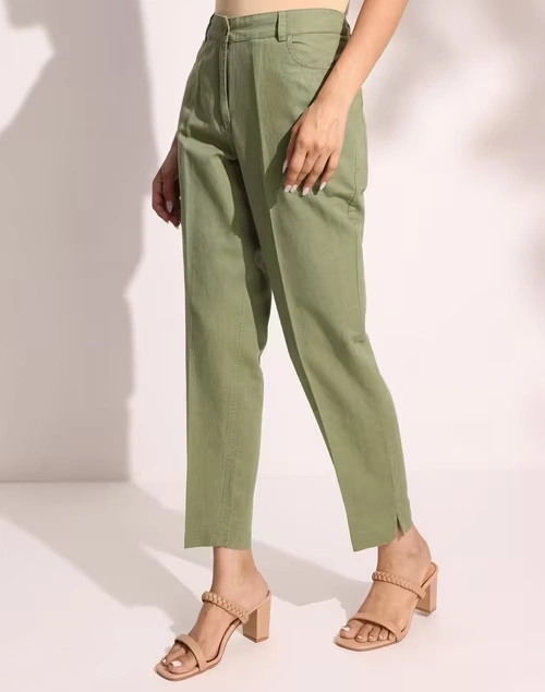 Green Cotton Linen Formal Pant