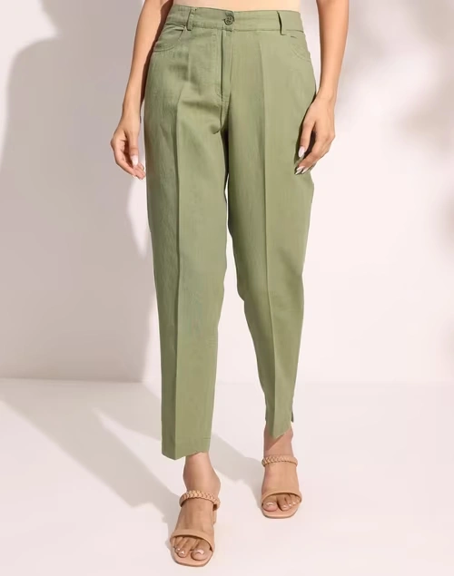 Green Cotton Linen Formal Pant