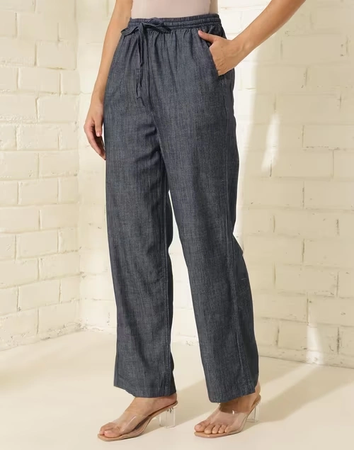 Blue Cotton Casual PJ Pant With Drawstring