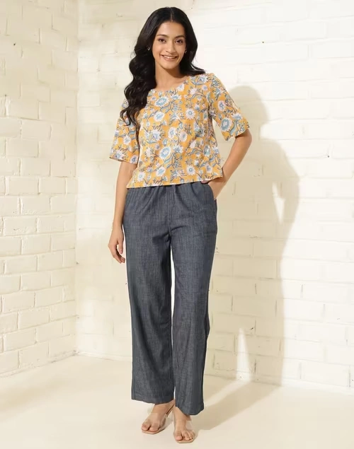 Blue Cotton Casual PJ Pant With Drawstring