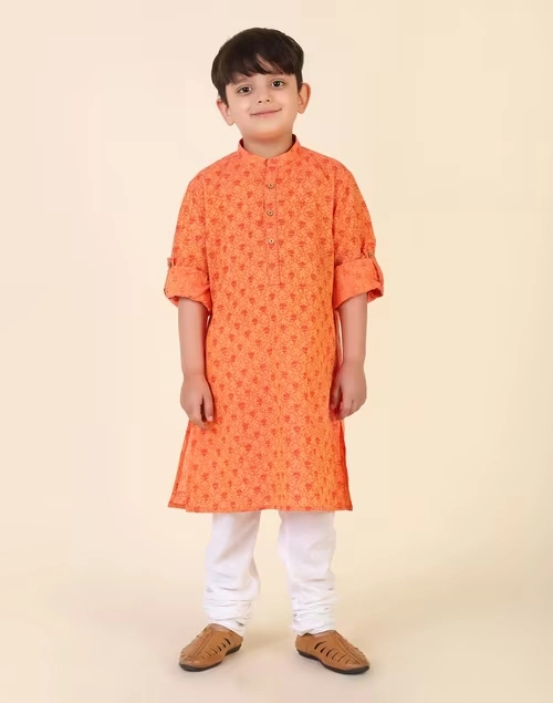 Orange Cotton Hand Block Printed Long Kurta