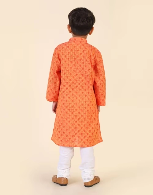 Orange Cotton Hand Block Printed Long Kurta