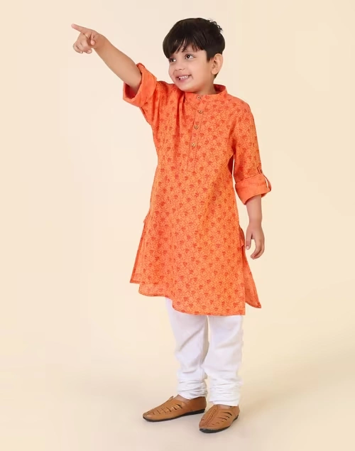 Orange Cotton Hand Block Printed Long Kurta 3 Orange Cotton Hand Block Printed Long Kurta