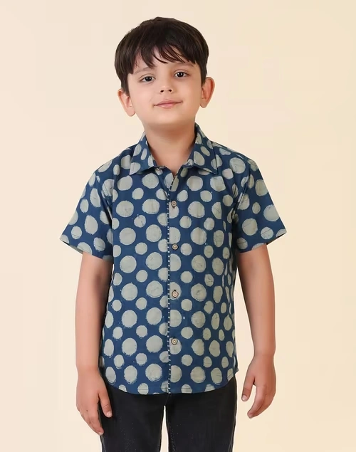 Indigo Cotton Dabu Printed Shirt