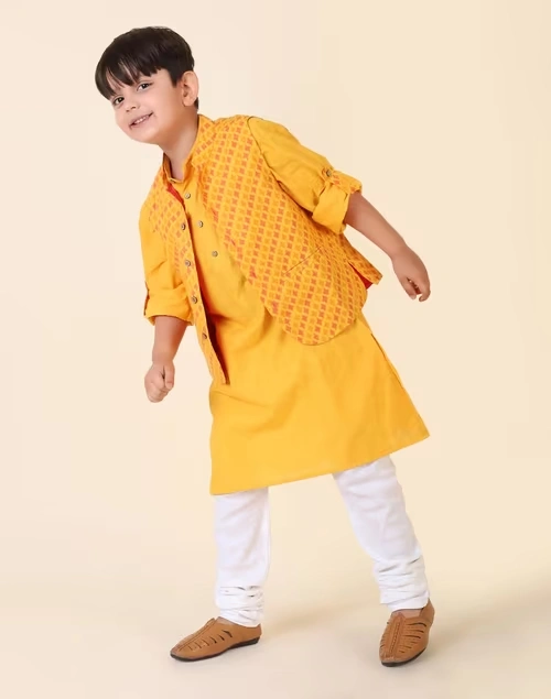 Yellow Cotton Hand Block Printed 2Pc Kurta Set