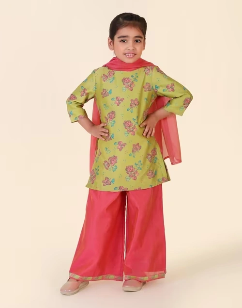 Green Cotton Silk Printed 3Pc palazzo Set