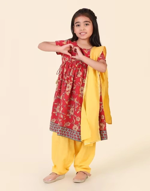 Red Cotton Hand Block Printed 3Pc Salwar Set