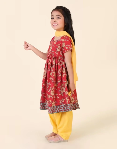 Red Cotton Hand Block Printed 3Pc Salwar Set 3 Red Cotton Hand Block Printed 3Pc Salwar Set