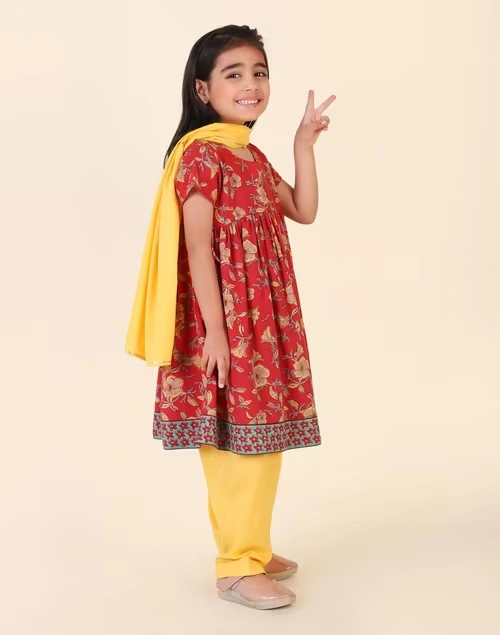 Red Cotton Hand Block Printed 3Pc Salwar Set 4 Red Cotton Hand Block Printed 3Pc Salwar Set