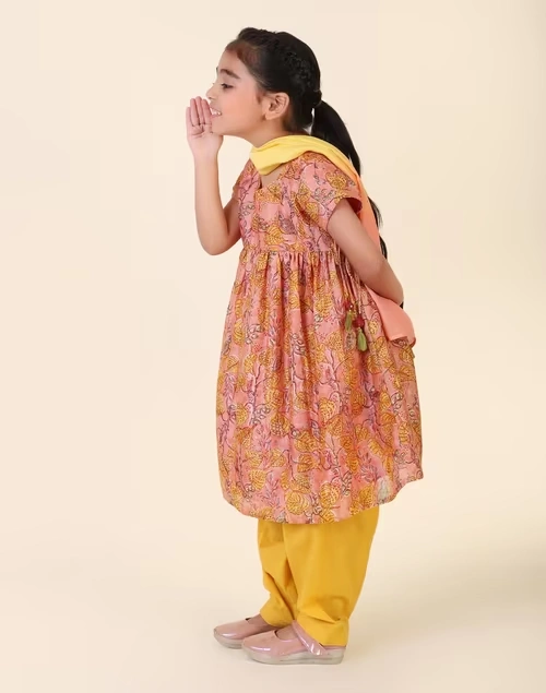 Pink Cotton Silk Hand Block Printed 3Pc Salwar Set 3 Pink Cotton Silk Hand Block Printed 3Pc Salwar Set