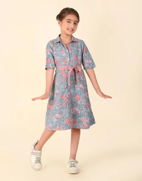 Blue Cotton Hand Block Printed Dress