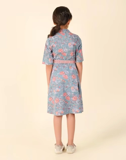 Blue Cotton Hand Block Printed Dress