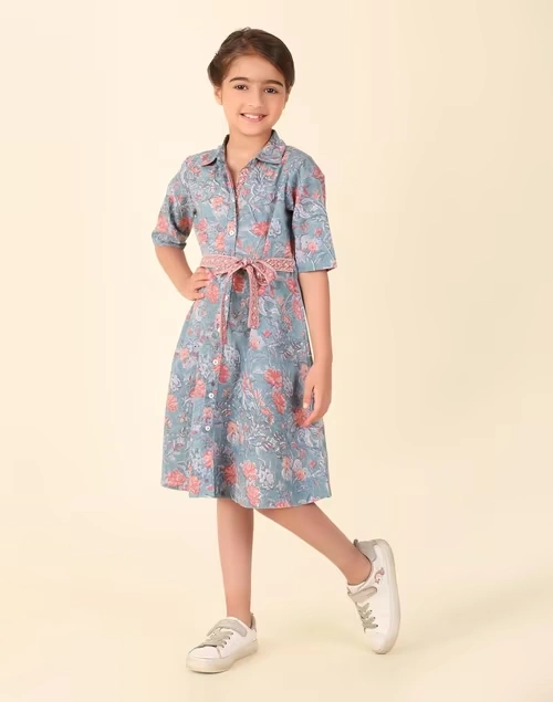 Blue Cotton Hand Block Printed Dress