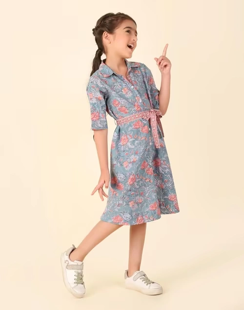 Blue Cotton Hand Block Printed Dress