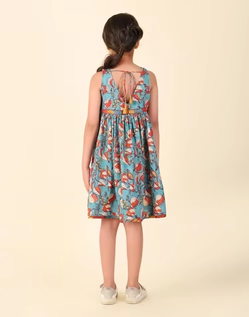 Blue Cotton Hand Block Printed Dress