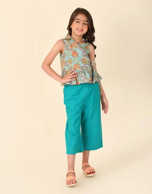 Teal Cotton Hand Block Printed 2Pc Pant Set