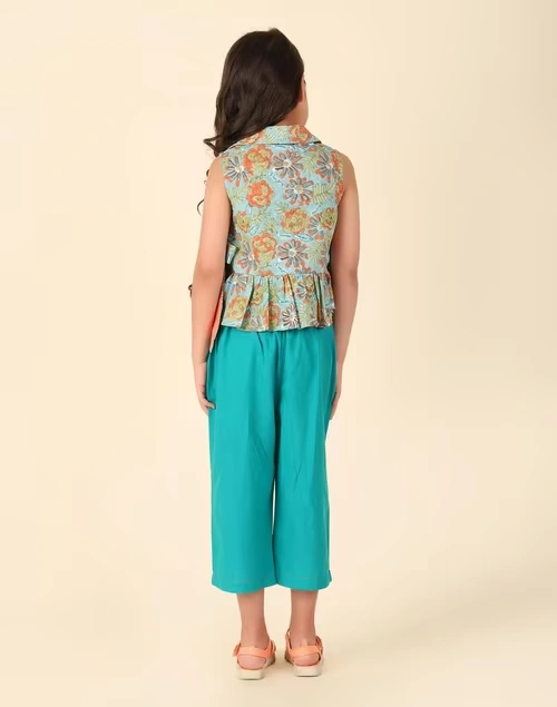 Teal Cotton Hand Block Printed 2Pc Pant Set