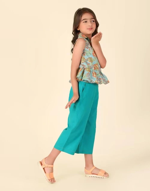 Teal Cotton Hand Block Printed 2Pc Pant Set