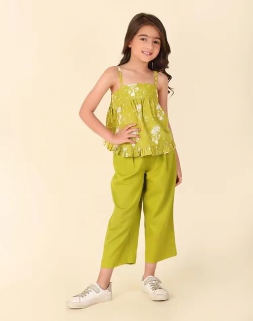 Green Cotton Linen Printed 2Pc Pant Set