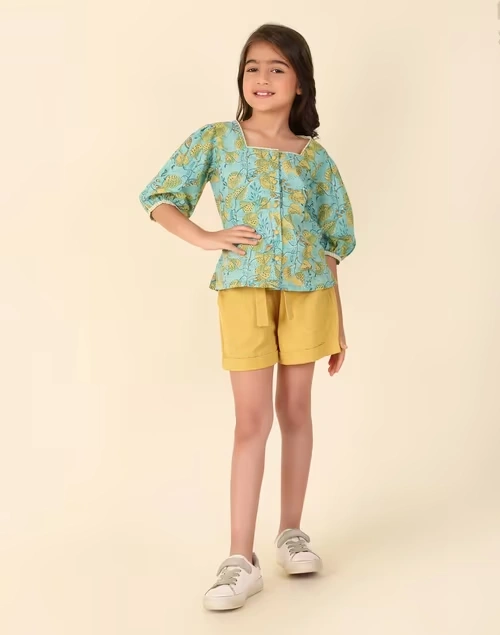 Teal Cotton Linen Hand Block Printed 2Pc Shorts Set