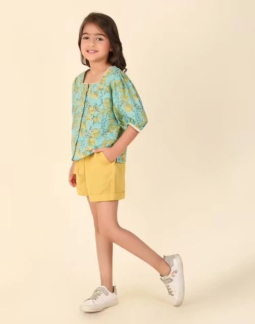 Teal Cotton Linen Hand Block Printed 2Pc Shorts Set