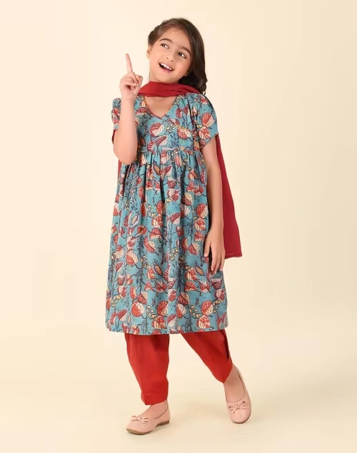 Teal Cotton Hand Block Printed 3Pc Salwar Set