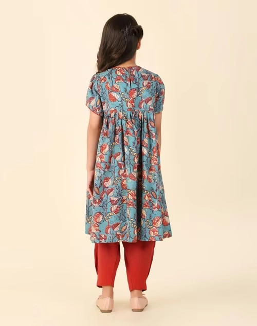 Teal Cotton Hand Block Printed 3Pc Salwar Set