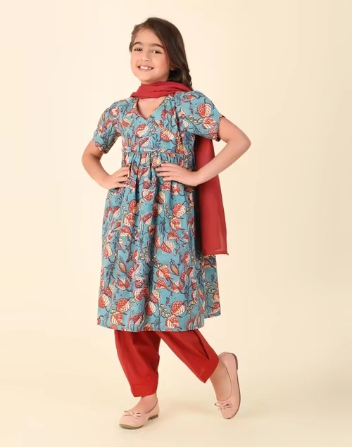 Teal Cotton Hand Block Printed 3Pc Salwar Set 3 Teal Cotton Hand Block Printed 3Pc Salwar Set