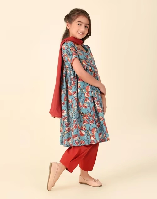 Teal Cotton Hand Block Printed 3Pc Salwar Set 4 Teal Cotton Hand Block Printed 3Pc Salwar Set