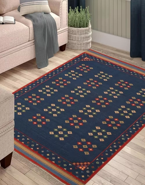 Indigo Chaupad Cotton Hand Woven Dhurrie