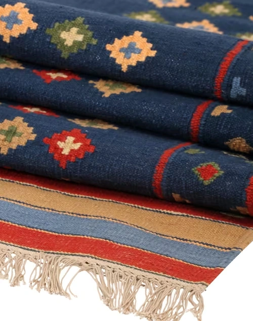 Indigo Chaupad Cotton Hand Woven Dhurrie