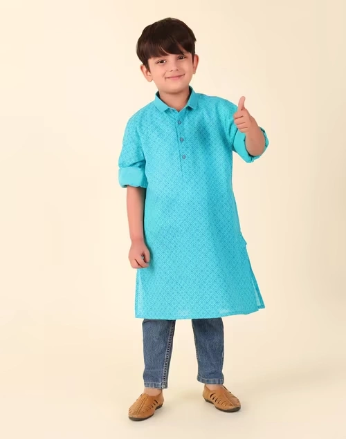 Blue Cotton Hand Block Printed Long Kurta