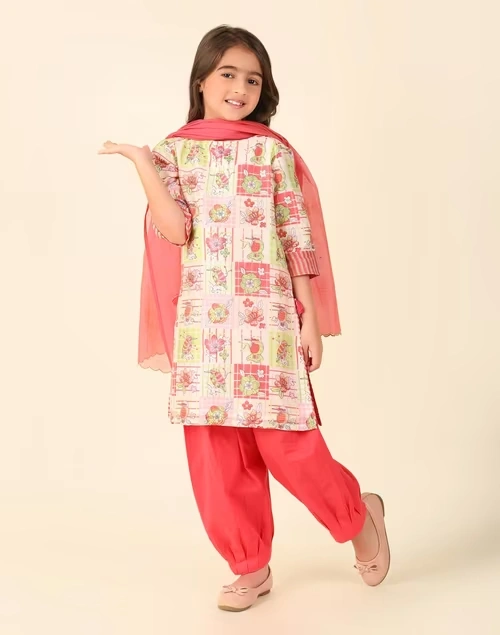 Pink Cotton Silk Printed 3Pc Salwar Set