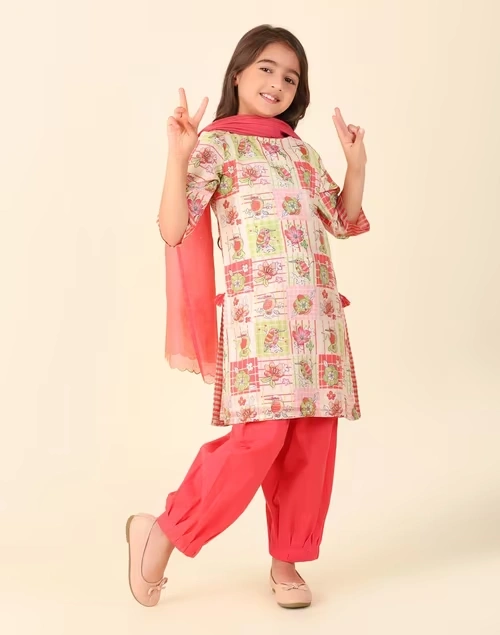 Pink Cotton Silk Printed 3Pc Salwar Set 4 Pink Cotton Silk Printed 3Pc Salwar Set