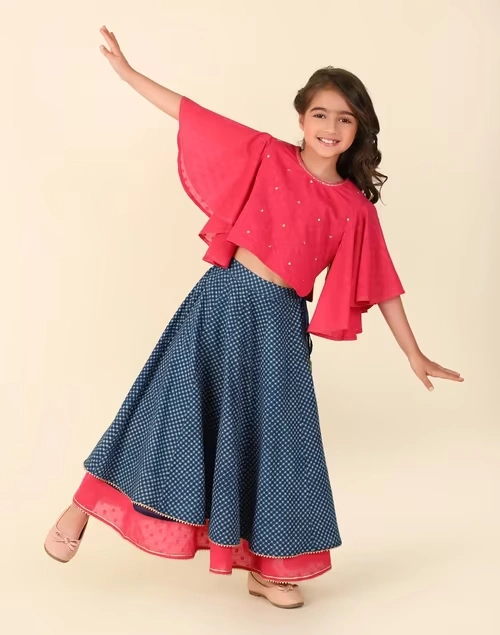 Blue Cotton Hand Block Printed 2Pc Lehenga Set