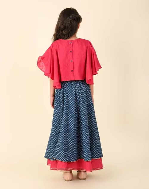 Blue Cotton Hand Block Printed 2Pc Lehenga Set