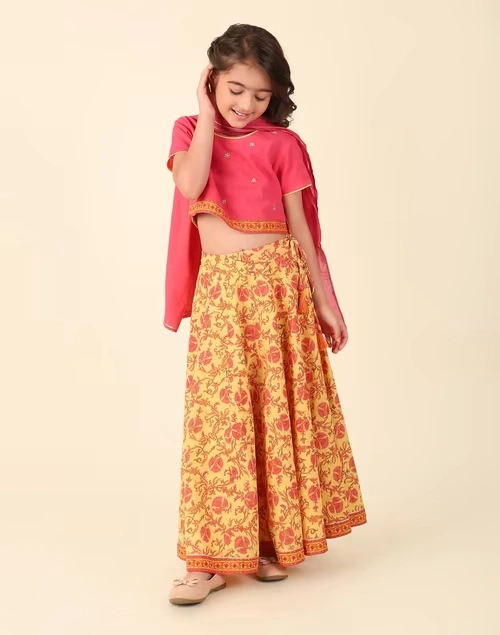 Yellow Cotton Printed 3Pc Lehenga Set