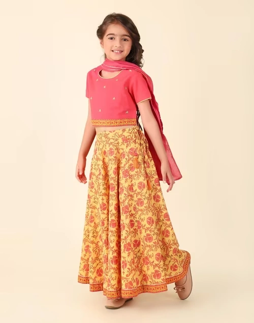 Yellow Cotton Printed 3Pc Lehenga Set
