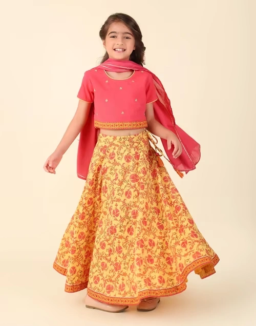 Yellow Cotton Printed 3Pc Lehenga Set