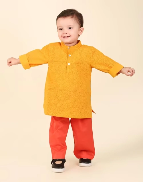 Yellow Cotton Hand Block printed 2Pc Kurta Set