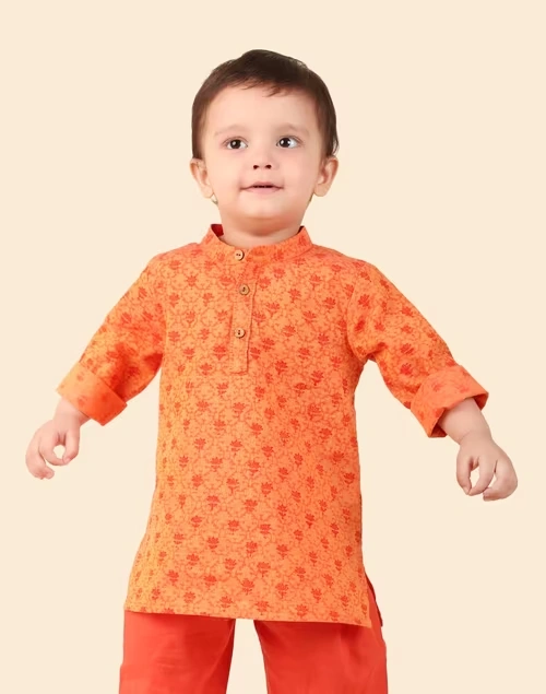 Orange Cotton Hand Block printed Long Kurta