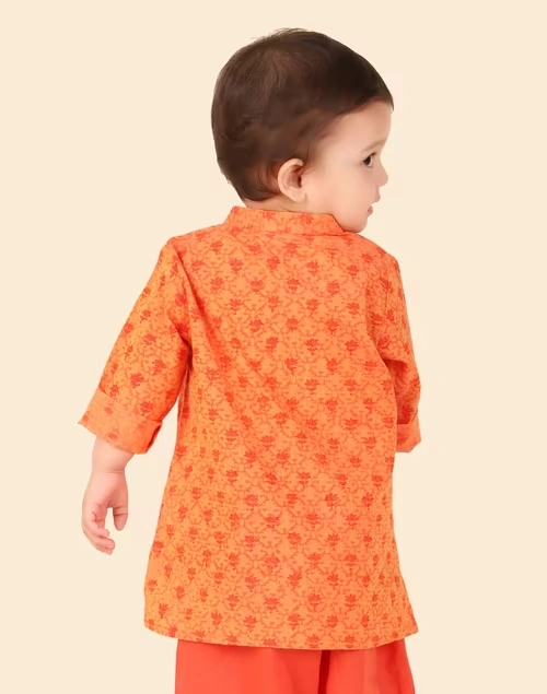 Orange Cotton Hand Block printed Long Kurta