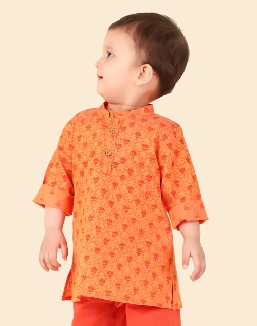 Orange Cotton Hand Block printed Long Kurta 3 Orange Cotton Hand Block printed Long Kurta