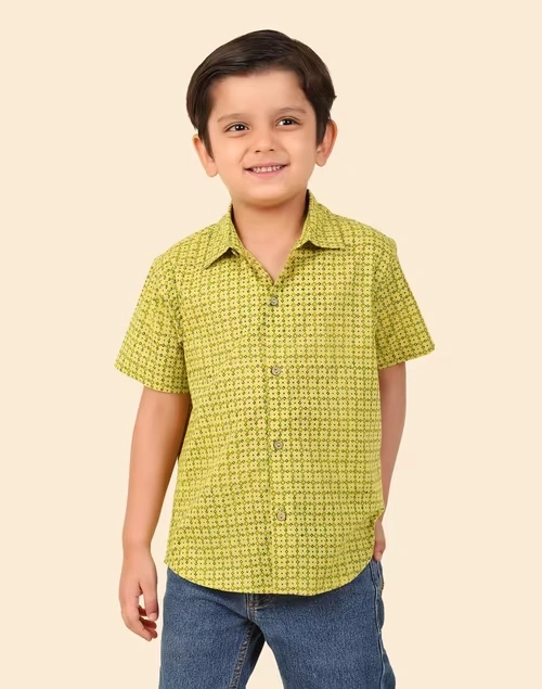 Green Cotton Hand Block Printed Shirt