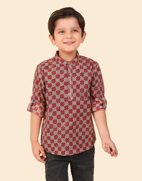Red Cotton Bagh Printed Short Kurta