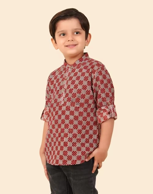 Red Cotton Bagh Printed Short Kurta
