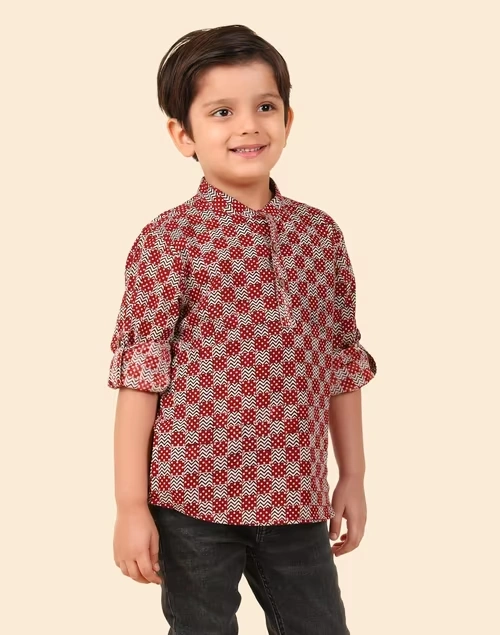 Red Cotton Bagh Printed Short Kurta